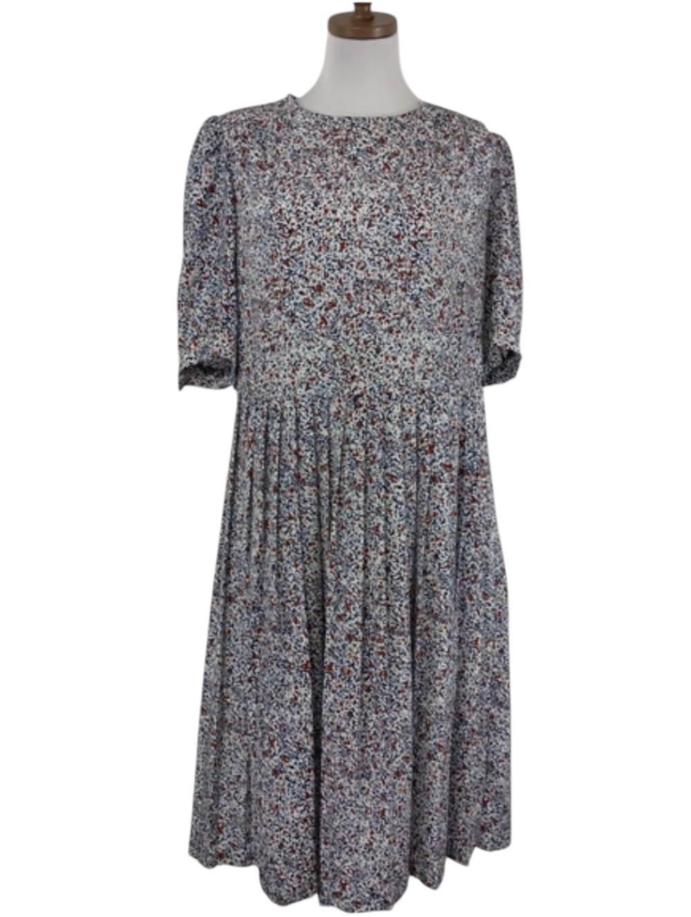 Vintage 80s Plus Size Women's Blue Abstract Floral Blouson Midi Dress Secretary